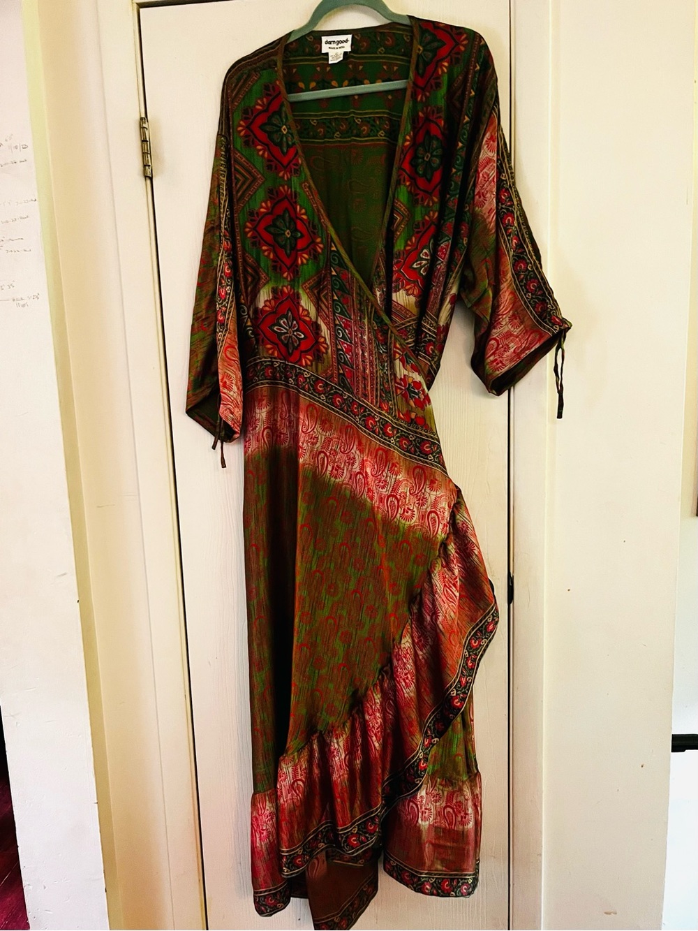70s Silk Boho Ethereal Ruffle India Block Print Wrap Kimono Duster Dress XL